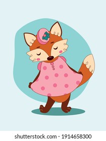 Vector illustration of an anthropomorphic fox in a dynamic pose (bow) and a simple background. The lady is wearing a pink dress and a hat with a flower.