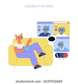 Vector illustration of an anthropomorphic fox using a laptop for remote work, engaged in a video call with multiple cat characters.
