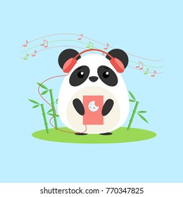 Vector illustration of anthropomorphic panda who listens to music from device. Cute cartoon anime style