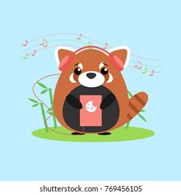 Vector illustration of anthropomorphic red panda who listens to music from device. Cute cartoon anime style