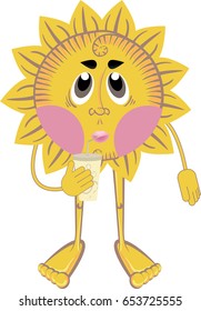 Vector illustration of anthropomorphic sun drinking cocktail. Summer, heat, vacation concept. For leisure, drinks, resort themes