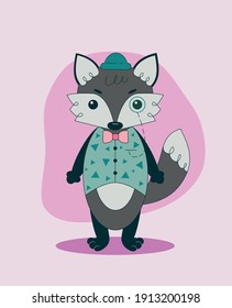 Vector illustration of an anthropomorphic wolf in a static pose and a simple background. The gentleman is dressed in a vest and a hat, accessories - a monocle and a bow tie.