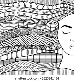 Vector Illustration Anti Stress Mandala Coloring Book Page Line Art Beautiful Woman Outline Sketch White Background