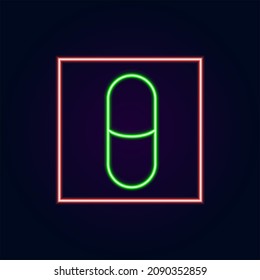 Vector illustration of antibiotic in a frame with neon effect on a dark background, night neon sign of pharmacy or bar with healthy food direction