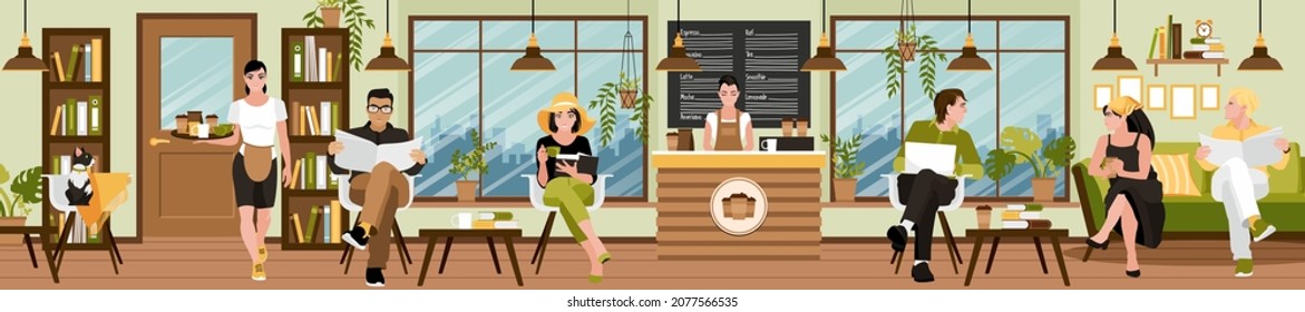 Ilustración vectorial de un anticafé con grandes ventanas panorámicas. Visitantes, hombres y mujeres, se sientan en las mesas, toman café y charlan leyendo libros y periódicos.