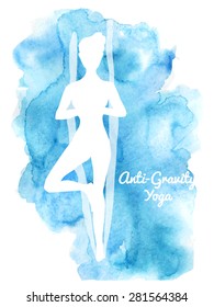 Vector illustration of anti-gravity yoga on bright watercolor background. White silhouette of young girl. Blue and white colors.