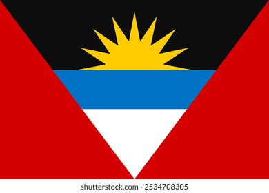 Ilustração vetorial da bandeira de Antígua e Barbuda com cores azul, amarelo, vermelho, preto e branco com um sol e ondas. Perfeito para projetos patrióticos, representações culturais e orgulho