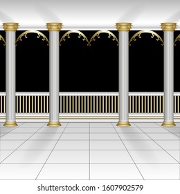 Vector illustration of antique architecture columns arches and white marble hall with veranda exit to the balcony