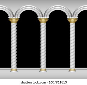 Vector illustration of antique architecture twisted columns arches and white marble hall with veranda exit to the balcony
