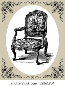 Vector illustration of antique baroque armchair, damask chair with oval frame