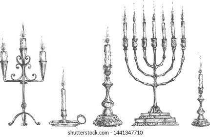 Vector illustration of antique сandles and candleholders set. Menorah, single, lamp, triple. Collection for interior decoration. Vintage hand drawn style.