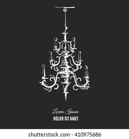 Vector illustration of antique chandelier made in hand drawn style. Digital drawing of barocco lamp. Template for card, poster and banner