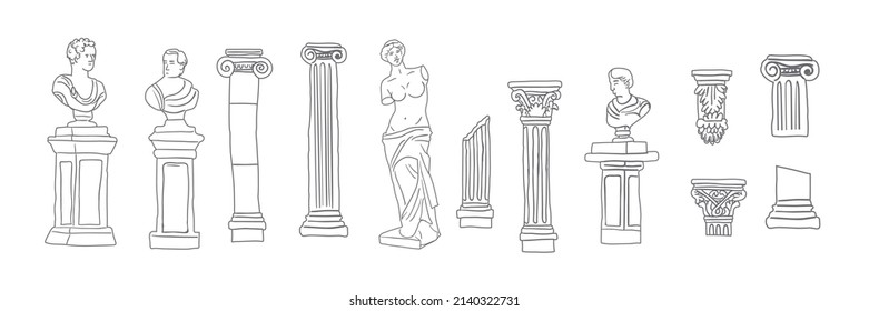 Vector illustration of antique columns and statues. Famous Greek symbols and landmarks. Travel to Athens and Greece. Doodle antique columns, statues. 