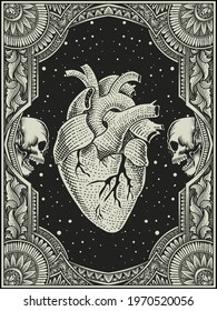 vector illustration of an antique human heart with engraving ornament