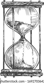 Vector illustration of antique old hourglass sand clock. Vintage hand drawn style.