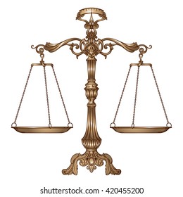 Vector illustration antique ornate balance scales isolated on white background. Justice and making decision concept. Even odds, being in balance.