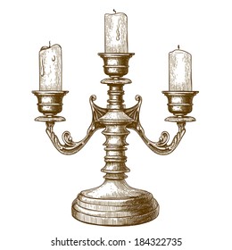 vector illustration of antique print of candlestick, isolated on white