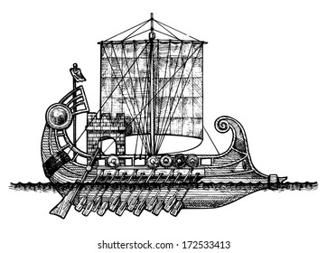 vector illustration of a antique ship stylized as engraving.