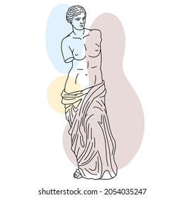 Vector illustration of antique statue of Aphrodite or Venus de Milo. Line drawing of ancient greek sculpture with color spots background.