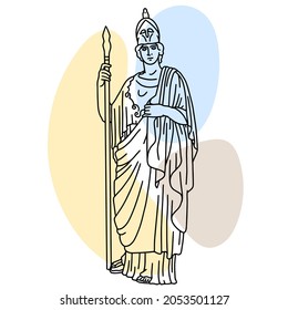 Vector illustration of antique statue Athena Giustiniani. Line drawing of ancient greek sculpture Minerva with color spots background.