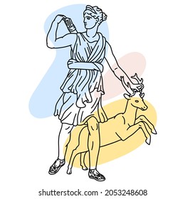 Vector illustration of antique statue Diana of Versailles. Line drawing of ancient greek sculpture Artemis with color spots background.