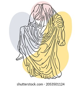 Vector illustration of antique statue of the goddess of victory Nika. Line drawing of ancient greek sculpture with color spots background.