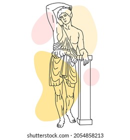 Vector illustration of antique statue of standing woman. Line drawing of ancient greek sculpture with color spots background.