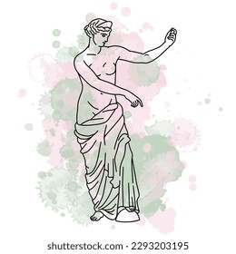 Vector illustration of antique statue of standing woman. Line art with watercolor background.