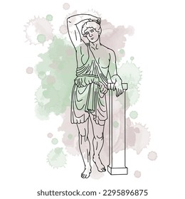 Vector illustration of antique statue of standing woman. Line art with watercolor background.