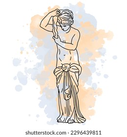 Vector illustration of antique statue of standing woman. Line art with watercolor background.