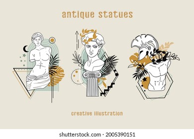 Vector illustration Antique statues and geometric frames collection. Statue of David, Venus and leaf elements. Moden trend