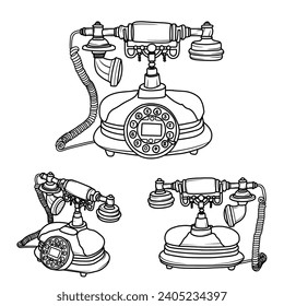 Vector illustration of Antique Telephone, Telephone Classic European Retro Landline, hand drawn line art. isolated on white background.