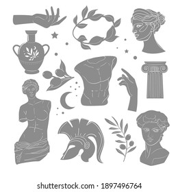 Vector illustration of antique things and statues. Greece symbolism. Olives, amphora, colonna. Roman style elements