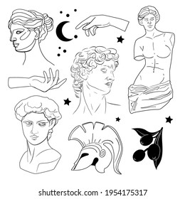 Vector illustration of antique things and statues one line. Greece symbolism. Roman style elements