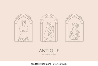 Vector illustration of antique things and statues one line. Greece symbolism. Roman style elements. Vintage style