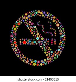Vector illustration  anti-smoking campaign icon   made up a lot of  multicolored small flowers on the black background