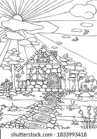 Vector illustration of antistress coloring book with a house, sun, sky, trees, birds, path, flowers.Vector illustration for art therapy, coloring, for greeting cards, posters, stickers, design.
