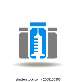 Vector illustration of antiviral vaccine bottle with syringe. Symbol of medical vial for injection from covid-19. Icon of vaccination, immunization.