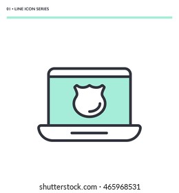 Vector illustration of antivirus icon. Mono color image of laptop with shield on screen. Symbol in modern thin line design. Eps10 format sign for web graphics. Isolated on white background.