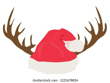 vector illustration of antlers with Santa hat. Christmas holiday background.
