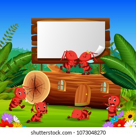 vector illustration of ants and beautiful wooden house with a wooden sign