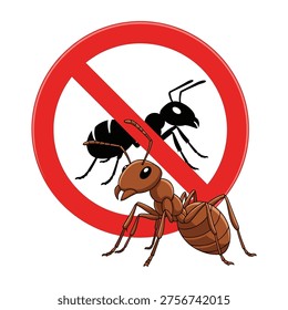 A vector illustration of ants behind a red prohibition sign, symbolizing pest control and ant infestation prevention, useful for educational or marketing materials.