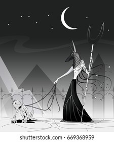 Vector illustration of Anubis and mummy. Egypt God of Underworld. Fiction concept