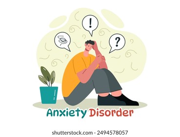 Vector Illustration of Anxiety Disorder Featuring a Frustrated Person, Nervousness, and Confusion on a Depression or Mental Health Flat Background