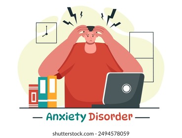 Vector Illustration of Anxiety Disorder Featuring a Frustrated Person, Nervousness, and Confusion on a Depression or Mental Health Flat Background
