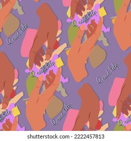 Vector illustration. Anxiety recovery, stress support. Pattern with two hands reaching out to each other. Dark background, wallpaper, flat art, cartoon style