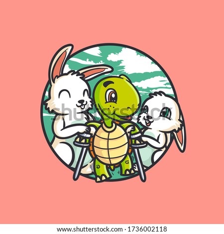 Vector Illustration  Anxiety tortoise help by Hare and rabbit, Mascot Character, hand drawn, cartoon coloring style