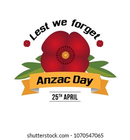 vector illustration for Anzac Day with poppy flowers, celebrated on 25th April. Can be used for poster, banner, background, icon, symbol, label, logo, greeting, and print designs.