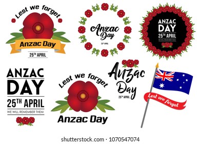 vector illustration for Anzac Day with poppy flowers, celebrated on 25th April. Can be used for poster, banner, background, icon, symbol, label, logo, greeting, and print designs.