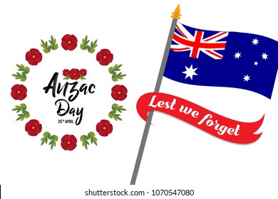 vector illustration for Anzac Day with poppy flowers, celebrated on 25th April. Can be used for poster, banner, background, icon, symbol, label, logo, greeting, and print designs.